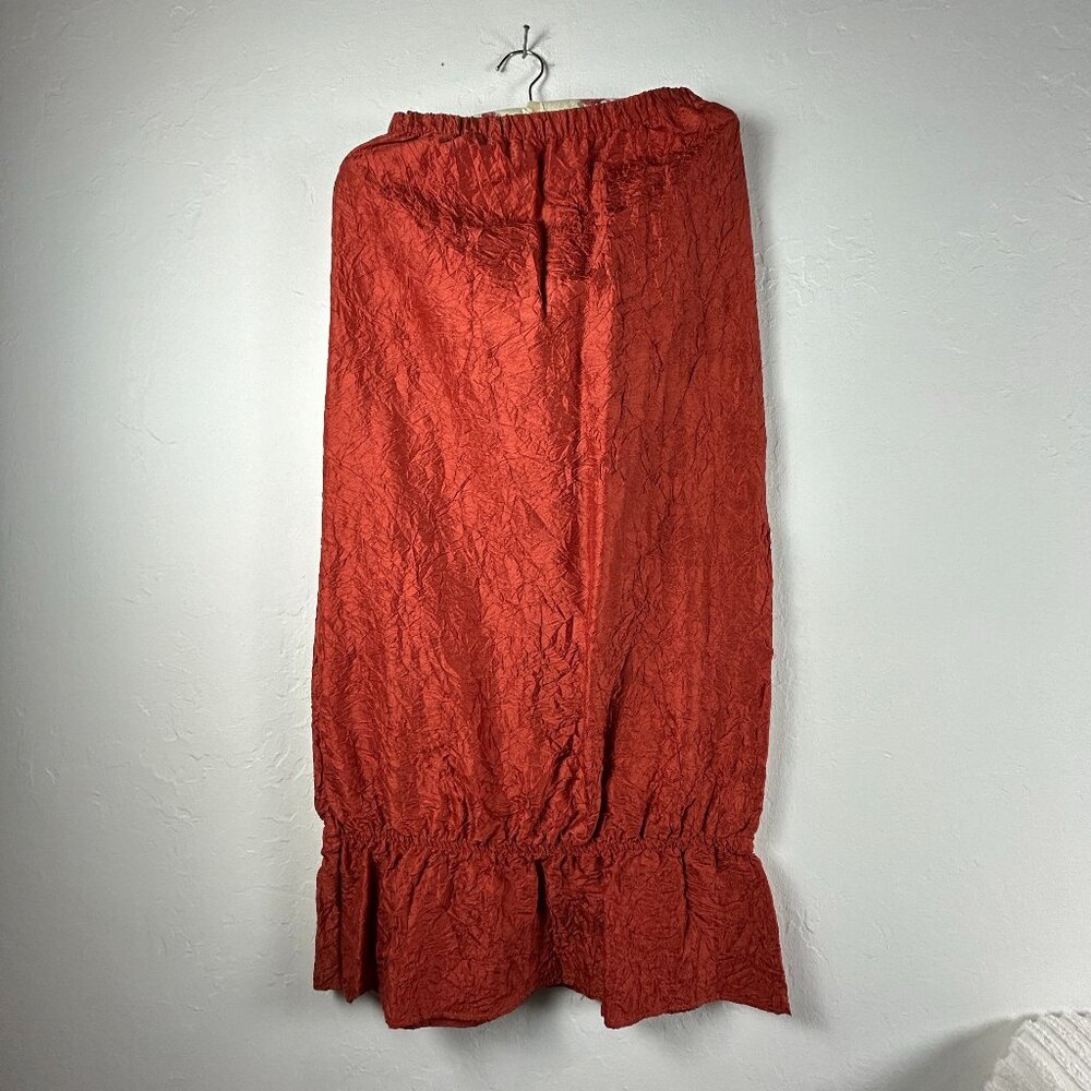 Vintage Blue Fish Shaunting Crushed Silk Skirt Rust Elastic Waist Ruffle